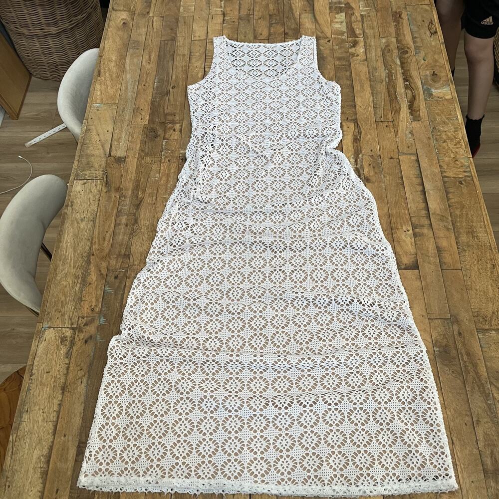 Vtg Dressbarn Lace Eyelet Floral White Sleeveless Pullover Dress Women's Size 10 - Picture 5 of 16